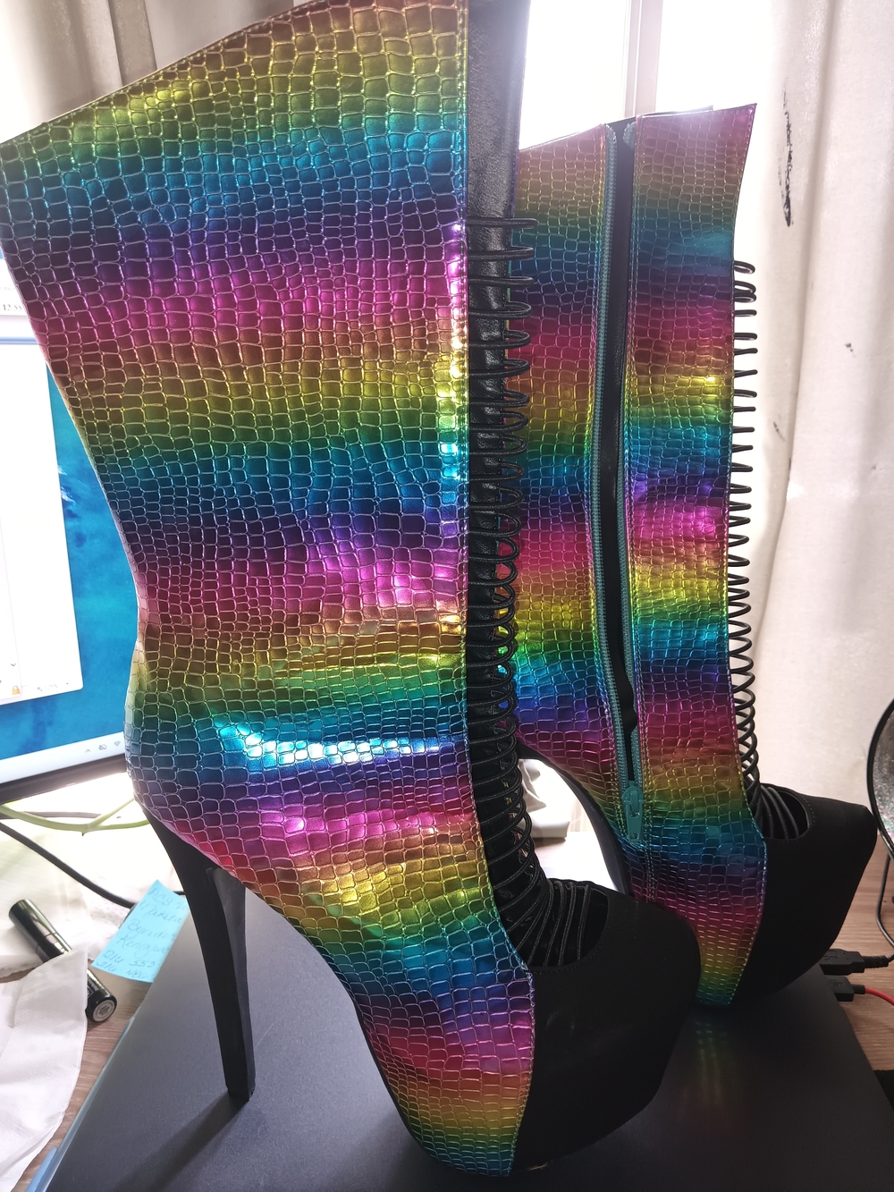 Shoe Republic LA Rainbow Metallic Croc Platform Stiletto Boots